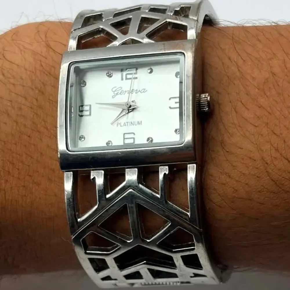Silver Geometric Geneva Cuff Watch